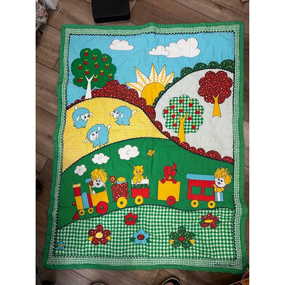 Vintage That's Our Baby Train and Farm Scene Quilt Grannycore 45x35”